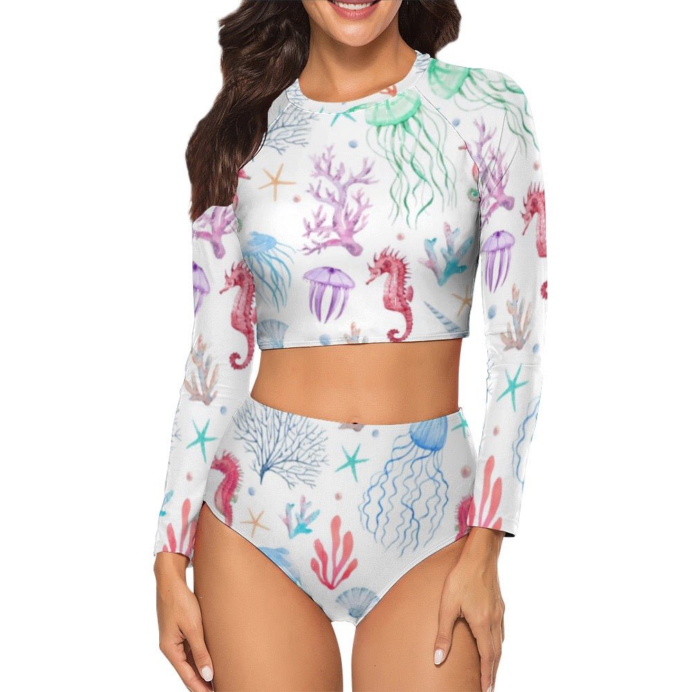 Long Sleeve Crew Neck Ladies Bikini Swimsuit - Shell Yeah by JaksSWhite9406D7C80C5248699E9D9D3AF2F2D900