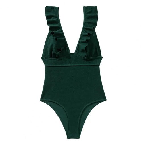 Ruffle Swimsuit Deep V-neck One-piece Sleeveless Backless - Shell Yeah by JaksXLAtrovirensATROVIRENS-XLOther