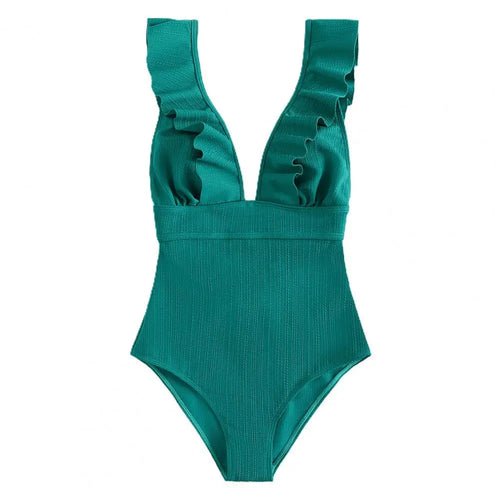 Ruffle Swimsuit Deep V-neck One-piece Sleeveless Backless - Shell Yeah by JaksXLGreenGREEN-XLOther