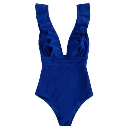 Ruffle Swimsuit Deep V-neck One-piece Sleeveless Backless - Shell Yeah by JaksXLROYAL BLUEROYALBLUE-XLOther