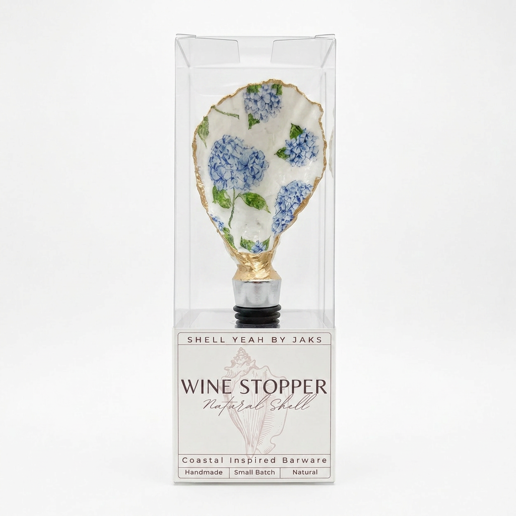 Blue hydrangea floral oyster shell wine stopper with gold finish