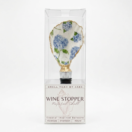 Blue hydrangea floral oyster shell wine stopper with gold finish
