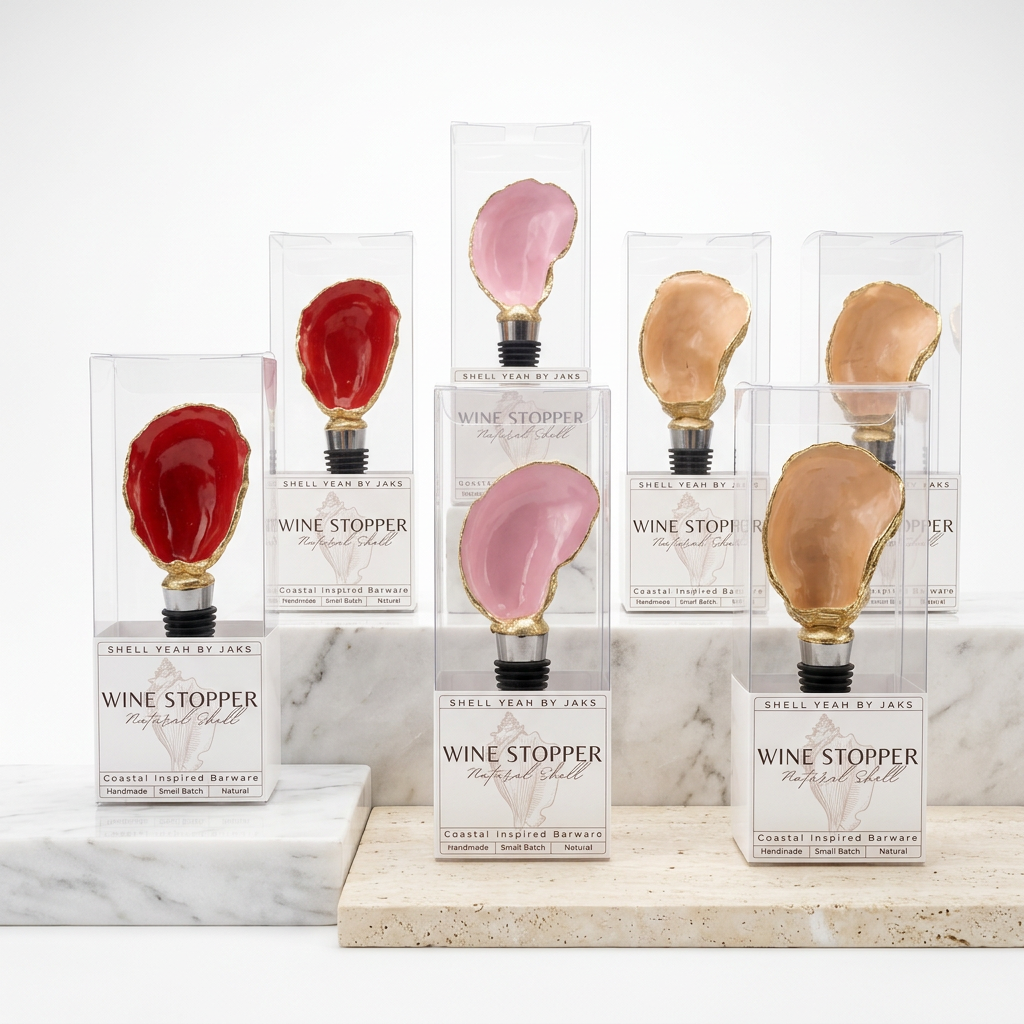 Set of coral and pink toned oyster shell wine stoppers with gold finish
