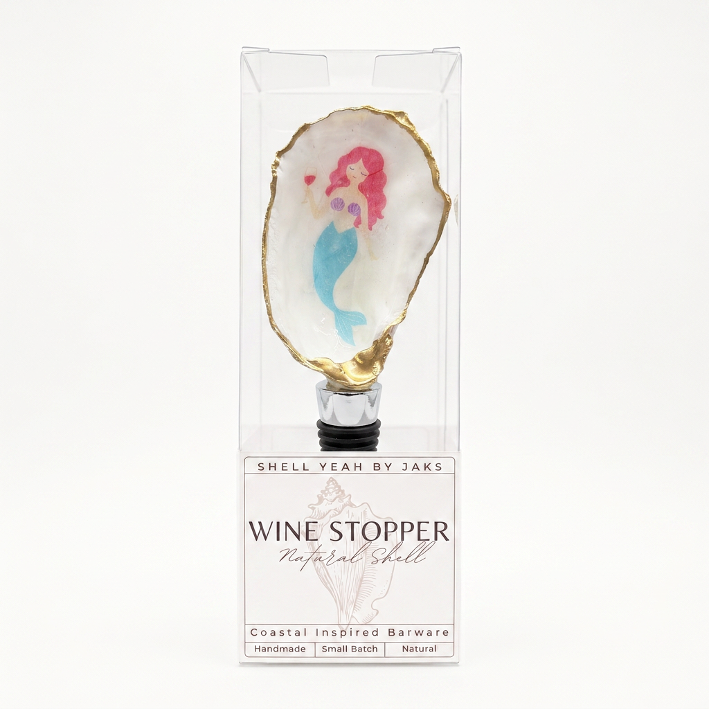 Mermaid and wine glass motif oyster shell wine stopper with gold finish