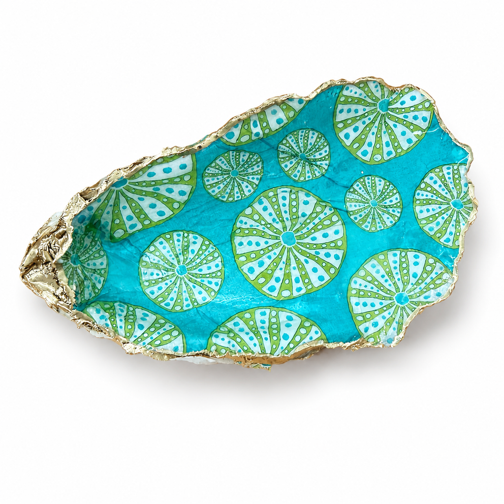 Sea urchin motif oyster shell jewelry dish with gold rim finish