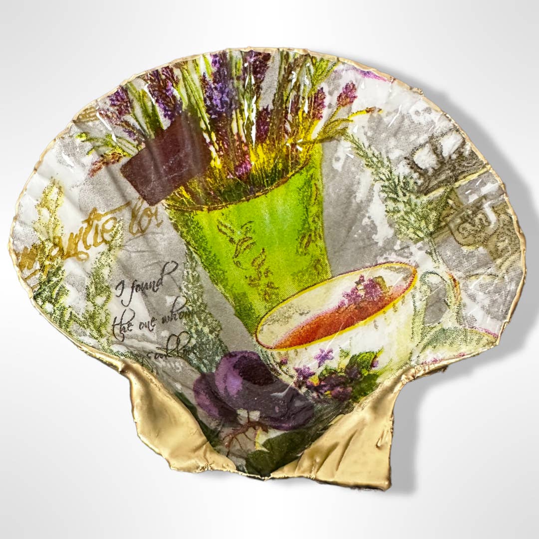 Lavender tea motif scallop shell soap dish with gold accents