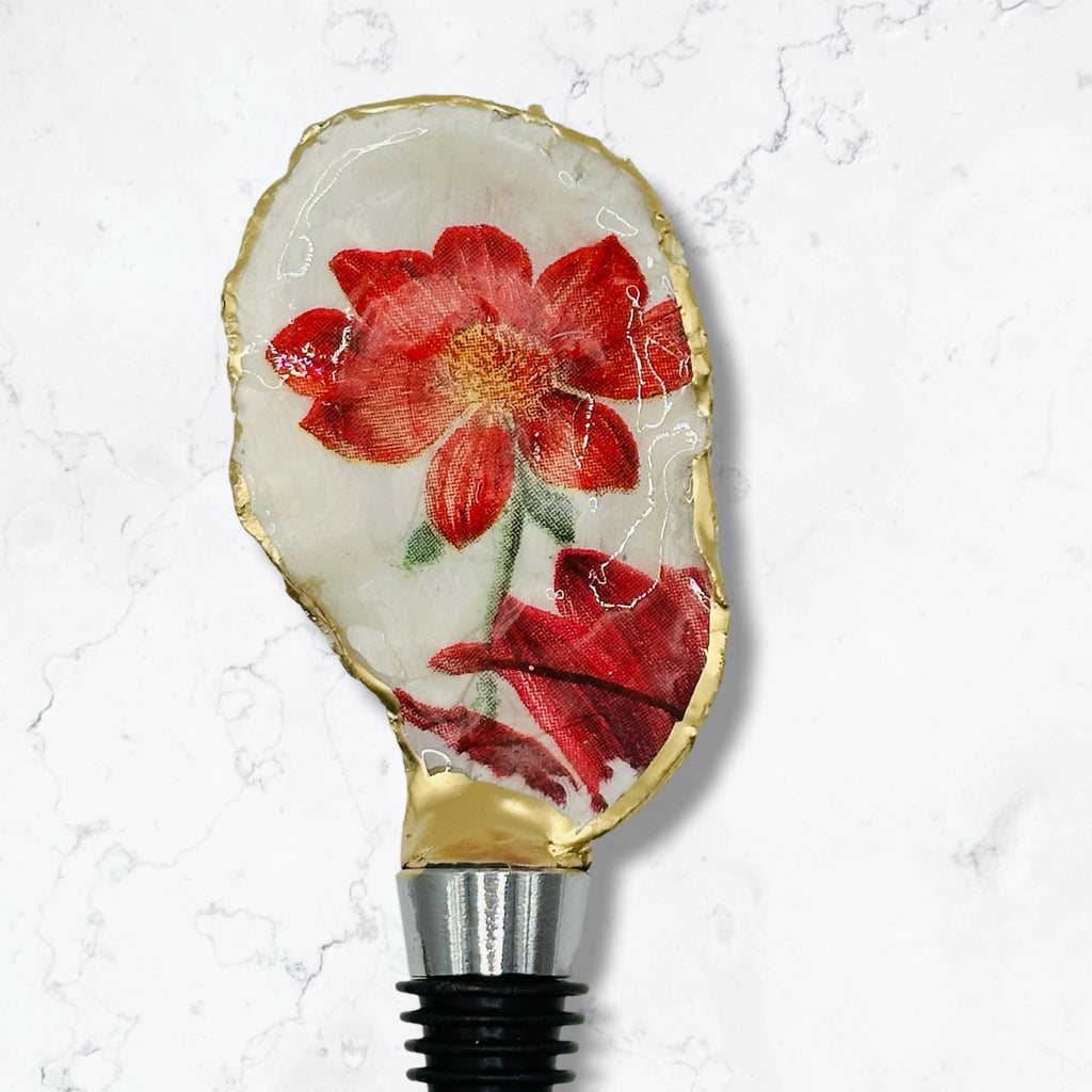 Red Dahlia Oyster Shell Wine Stopper