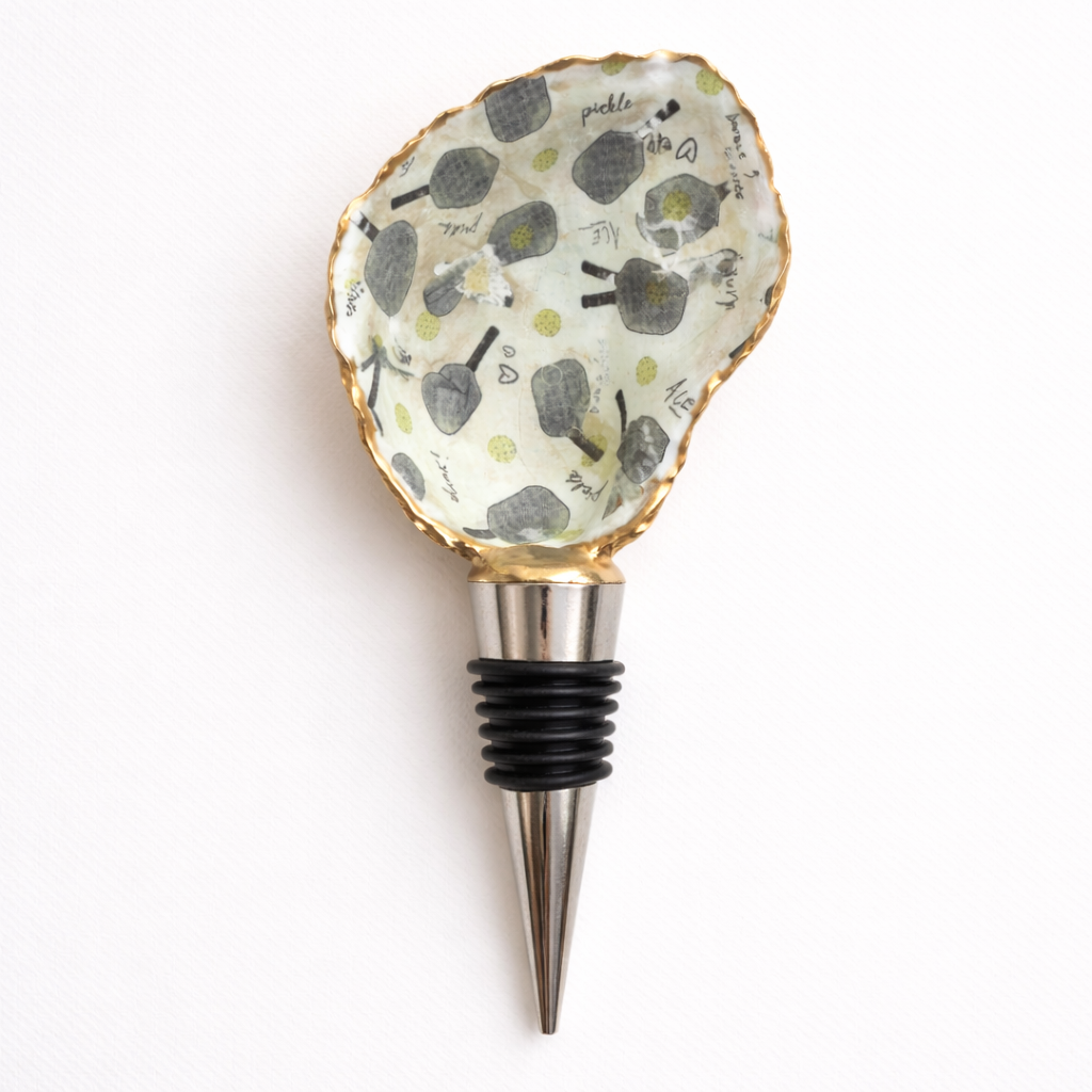 Pickleball motif oyster shell wine stopper with gold finish