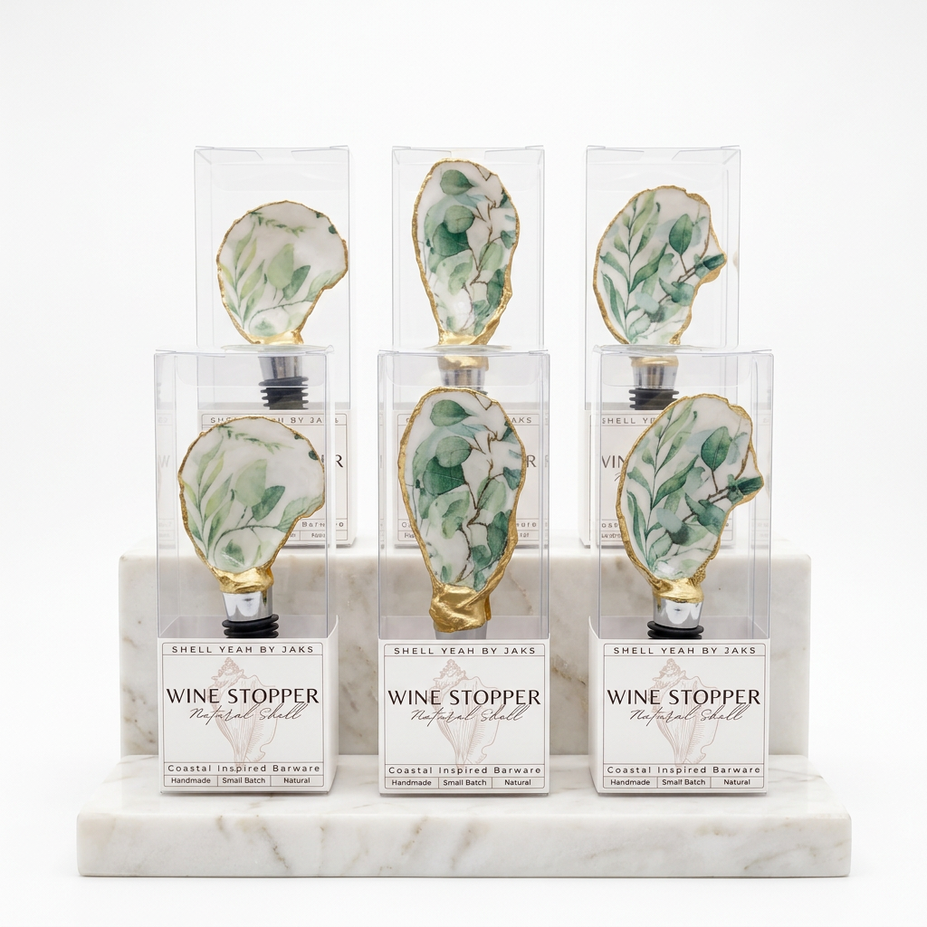 Eucalyptus botanical motif oyster shell wine stopper with gold rim finish