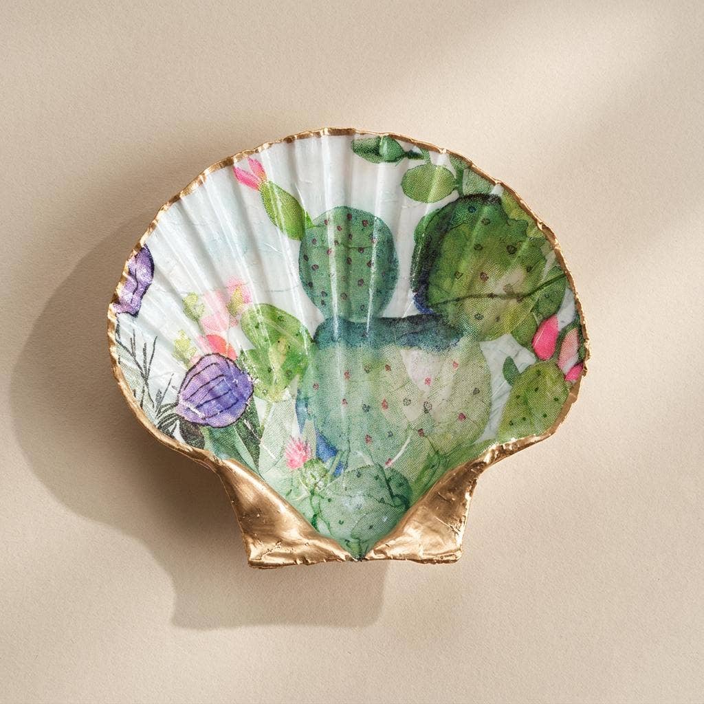 Prickly pear cactus and floral motif scallop shell trinket dish with gold finish