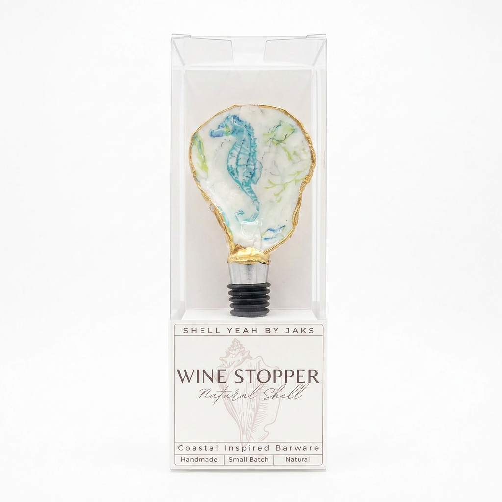 Seahorse motif oyster shell wine stopper with gold rim finish