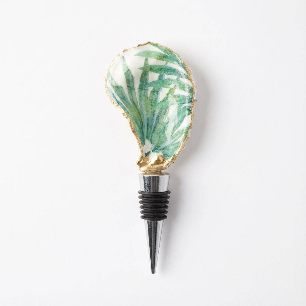 Tropical leaf motif oyster shell wine stopper with gold rim finish
