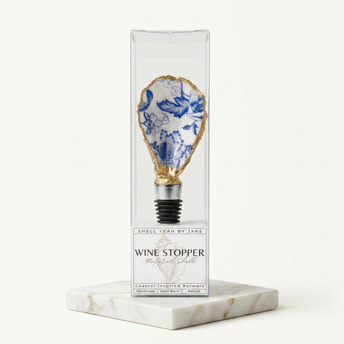 Blue Toile Oyster Shell Wine Stopper