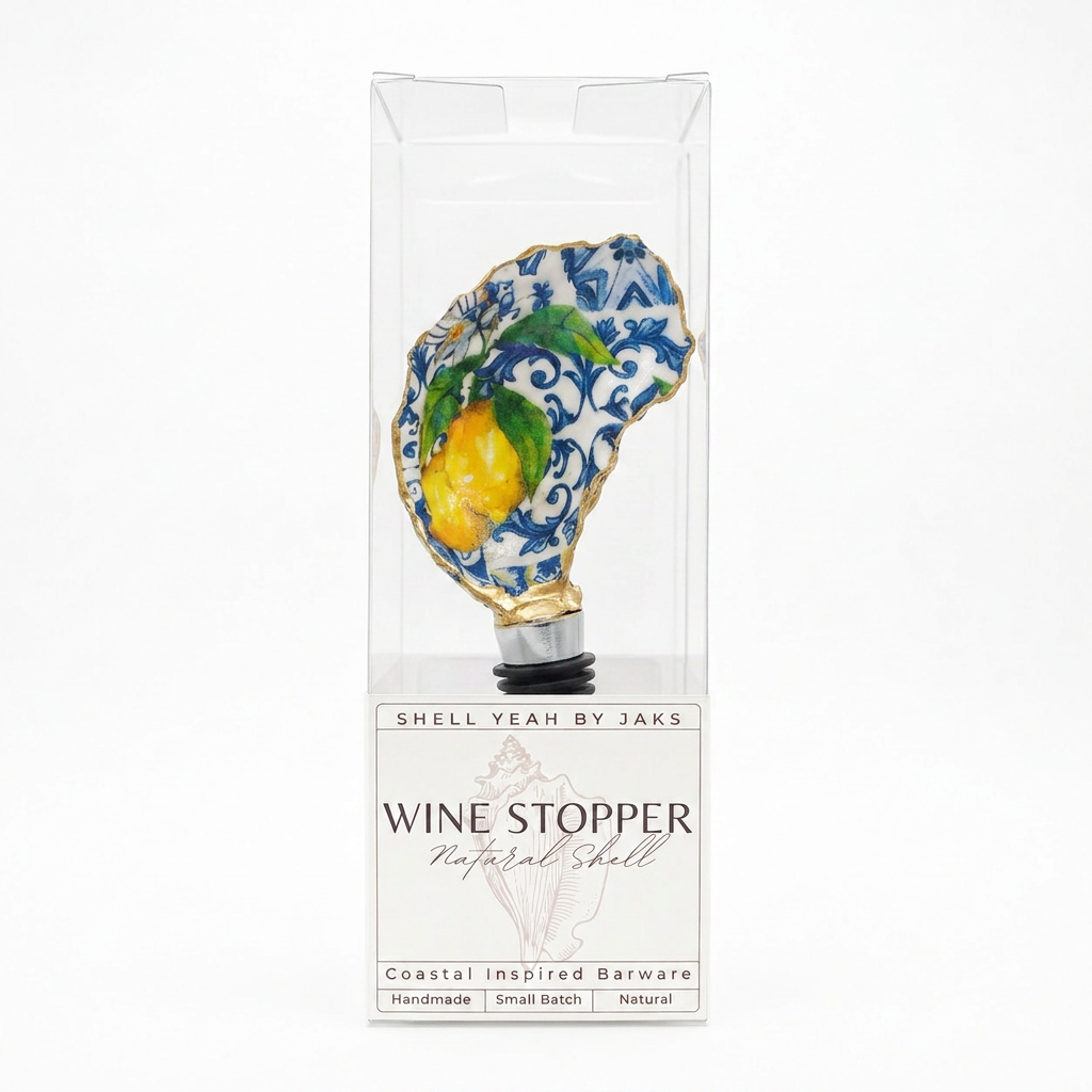 Yellow lemon tile pattern oyster shell wine stopper with gold rim finish