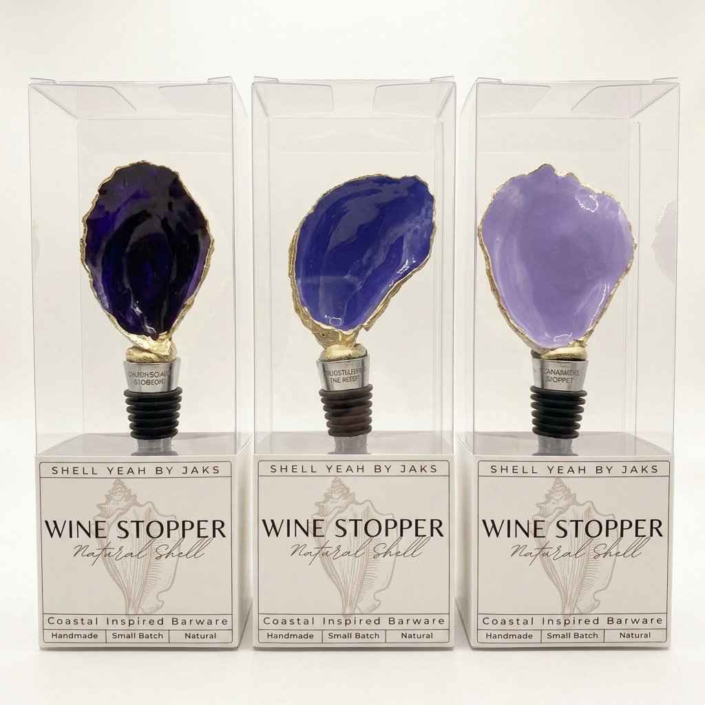 Set of oyster shell wine stoppers in amethyst purple tones with gold and silver finishes