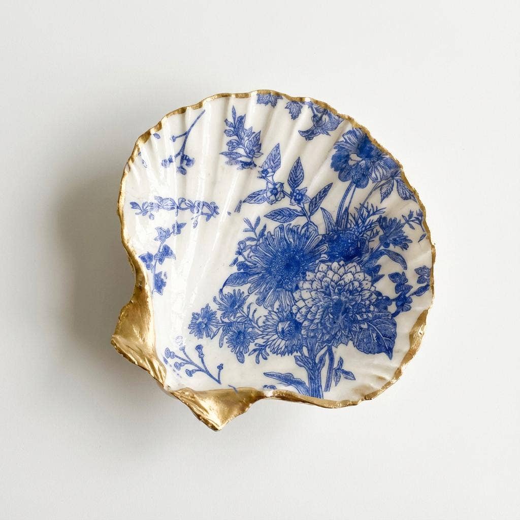 Indigo floral motif scallop shell soap dish with gold accents