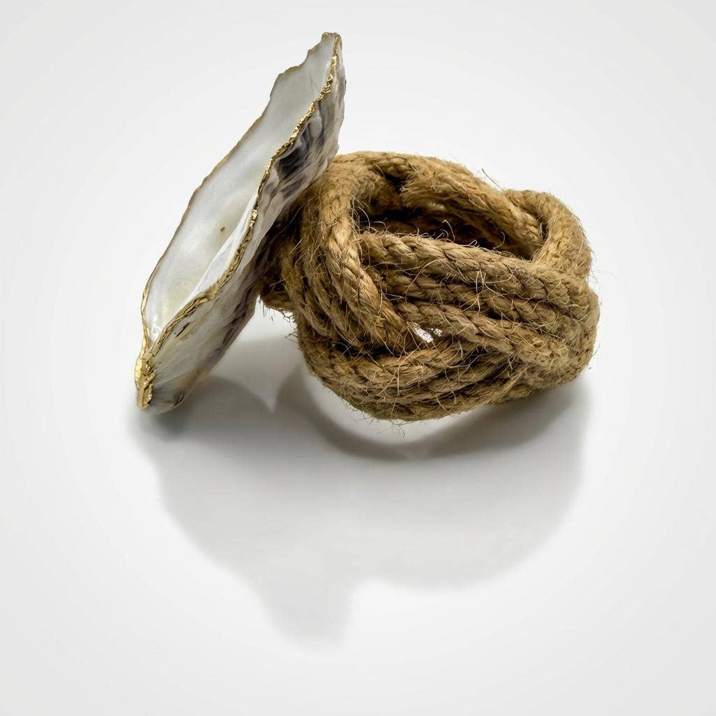 Set of oyster shell napkin rings with jute accent in coastal style