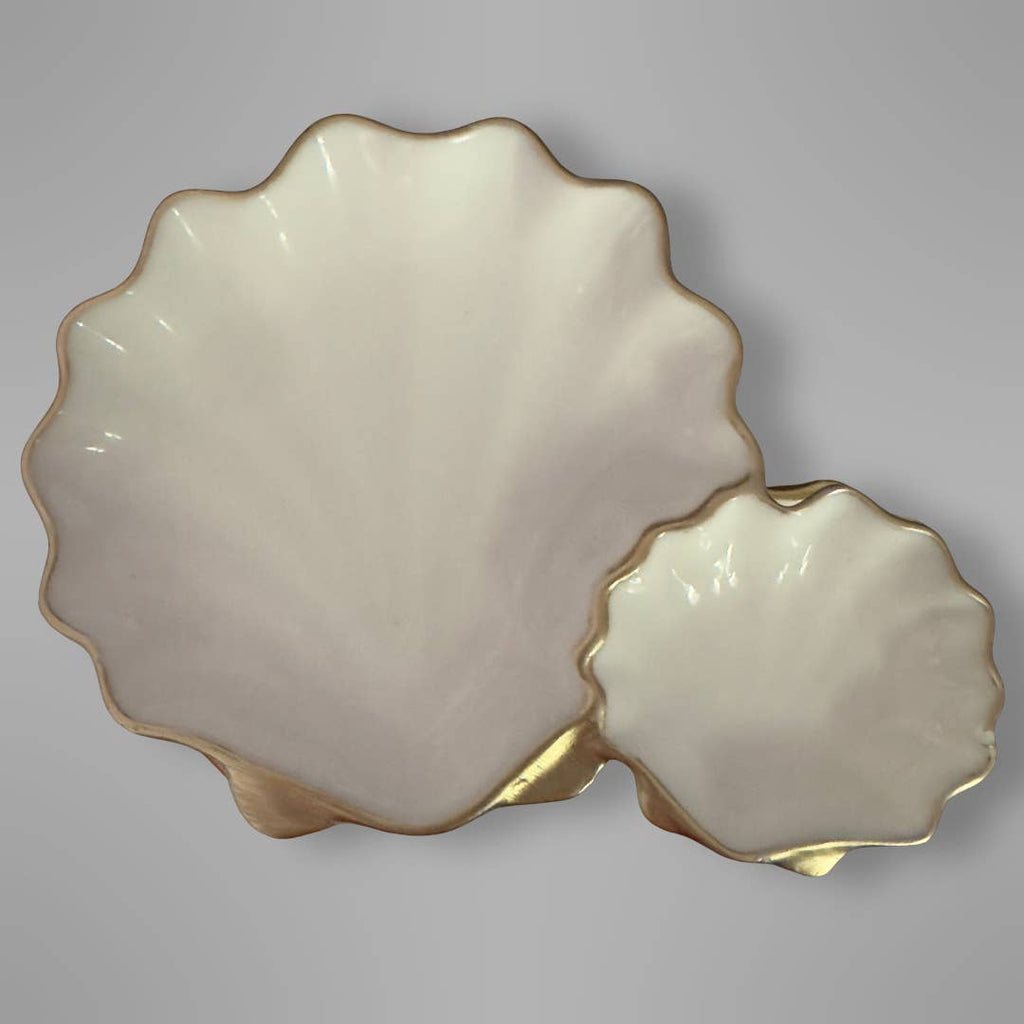 Scallop shell serving tray in coastal style with gold accents