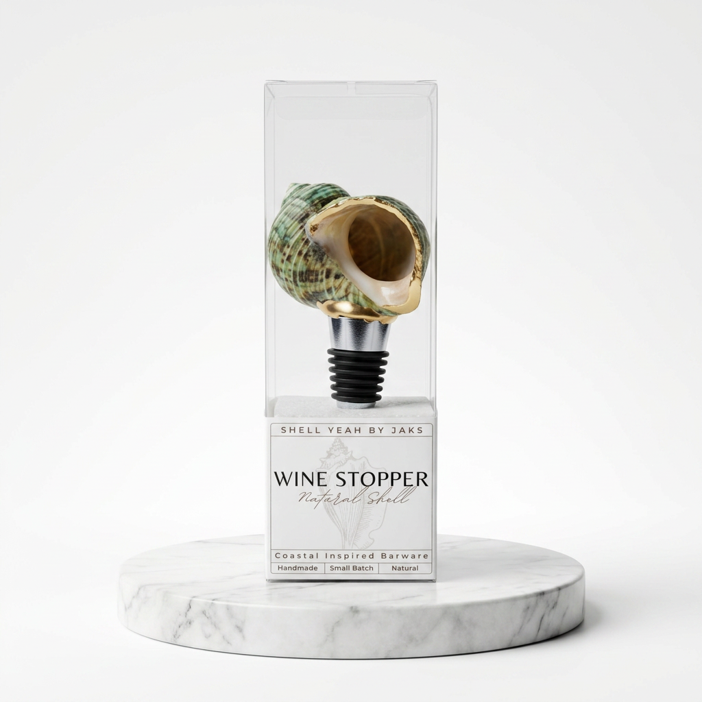Polished green turbo shell wine stopper with stainless steel base