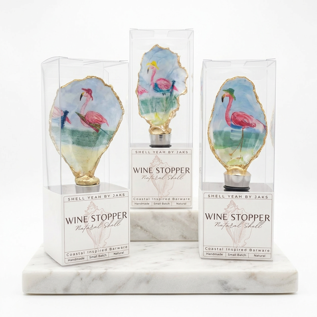 Flamingo motif oyster shell wine stopper with gold rim finish