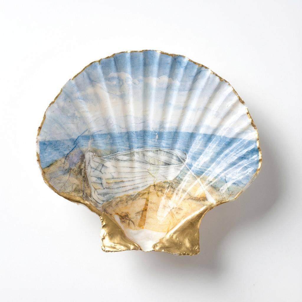 Rowboat motif scallop shell soap dish with gold accents