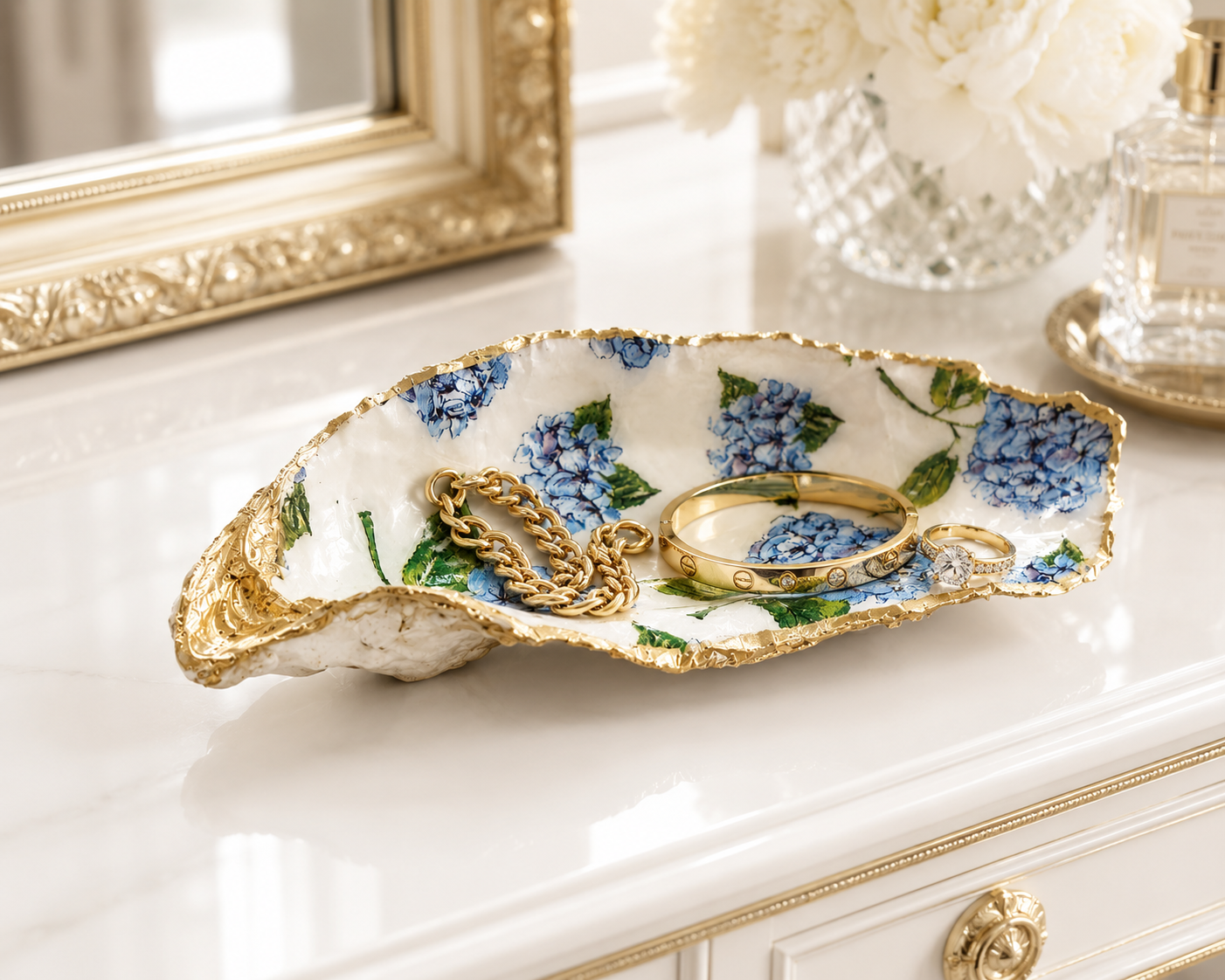Blue Hydrangea Oyster Shell Jewelry Dish