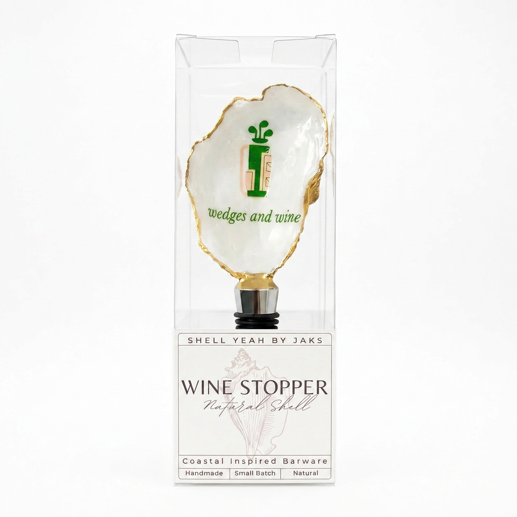 Golf-themed oyster shell wine stopper with gold rim finish