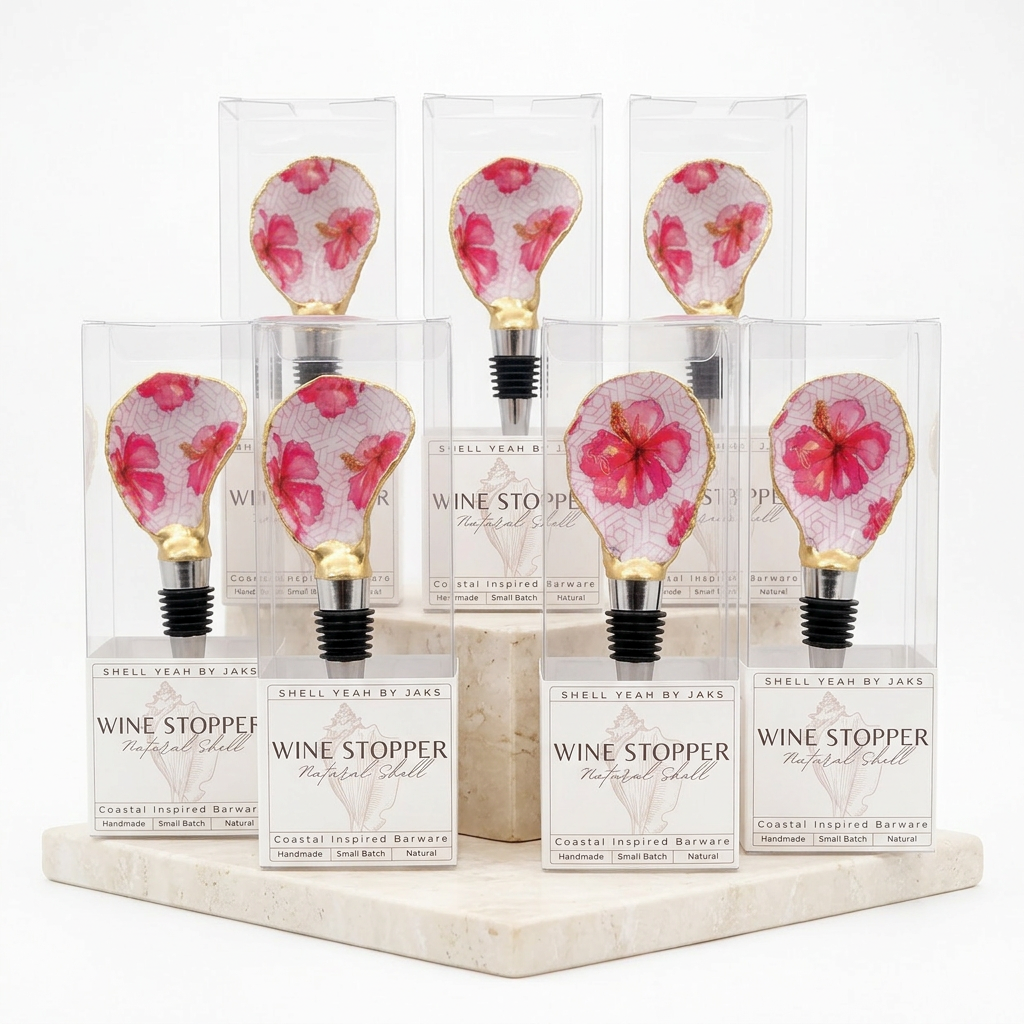 Hibiscus tropical motif oyster shell wine stopper with gold rim finish