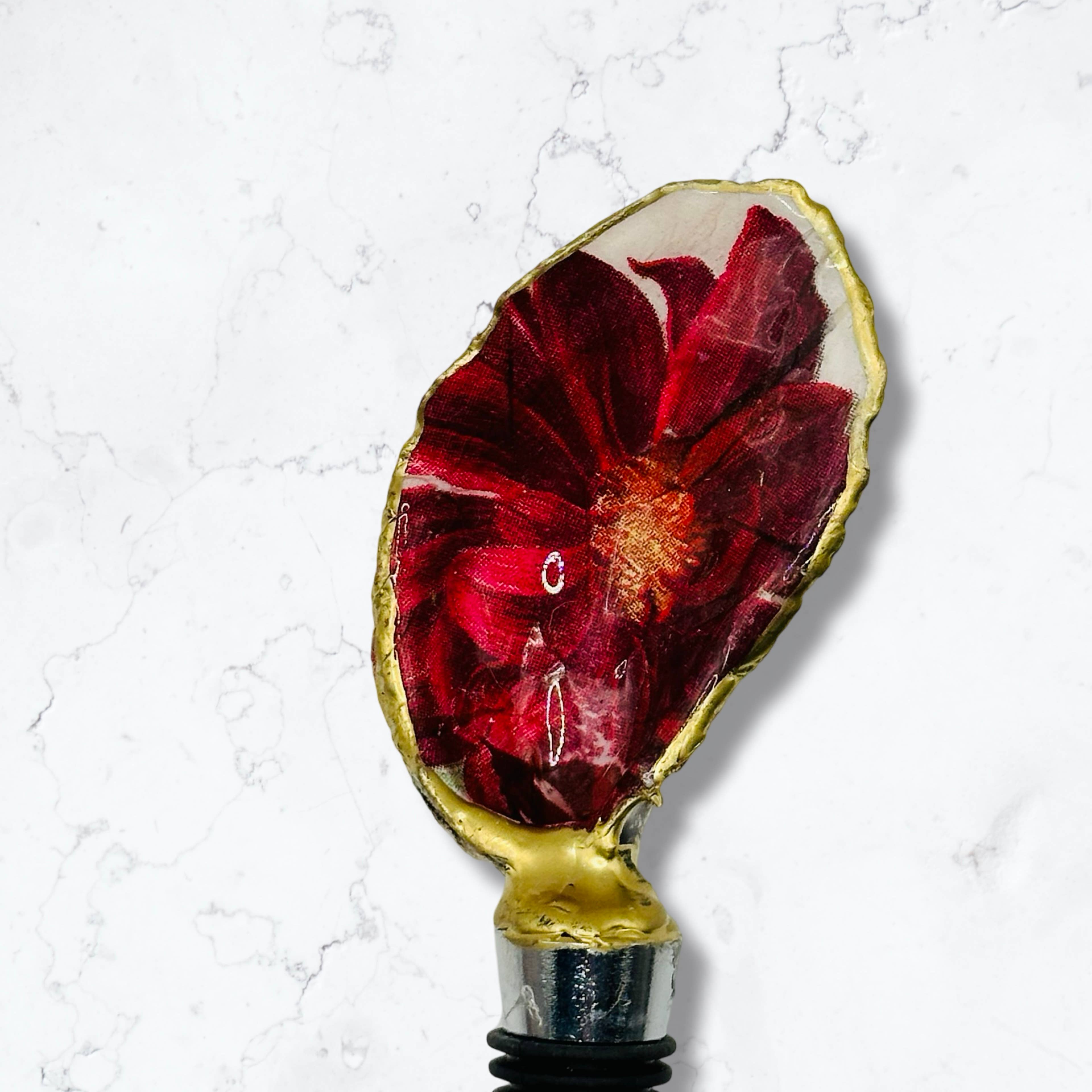 Red Dahlia Oyster Shell Wine Stopper