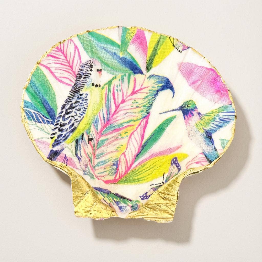 Tropical bird motif scallop shell dish with gold finish
