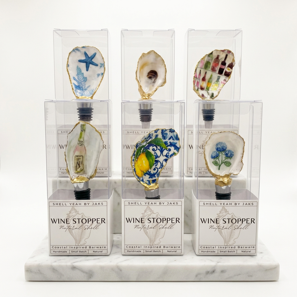 Case pack of 12 handmade oyster shell wine stoppers for wholesale