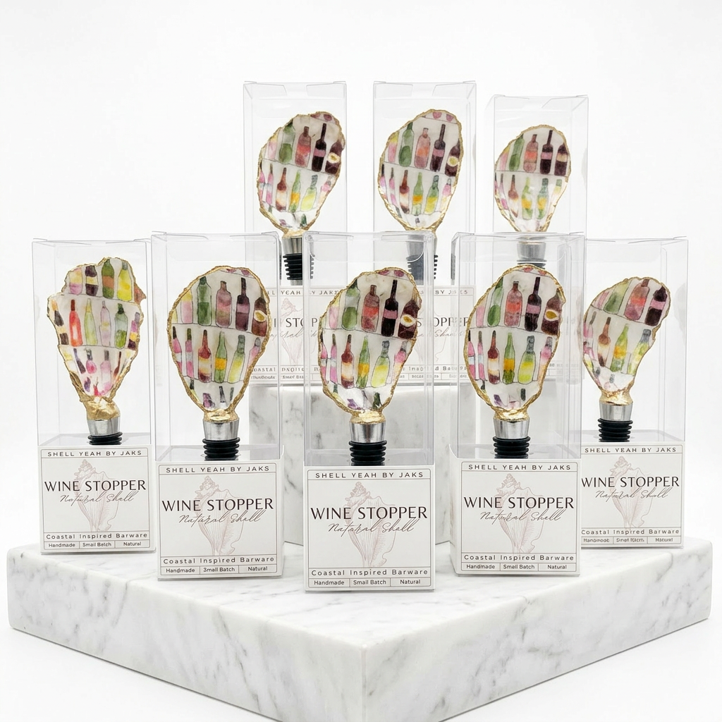 Wine-themed oyster shell wine stopper with gold rim finish