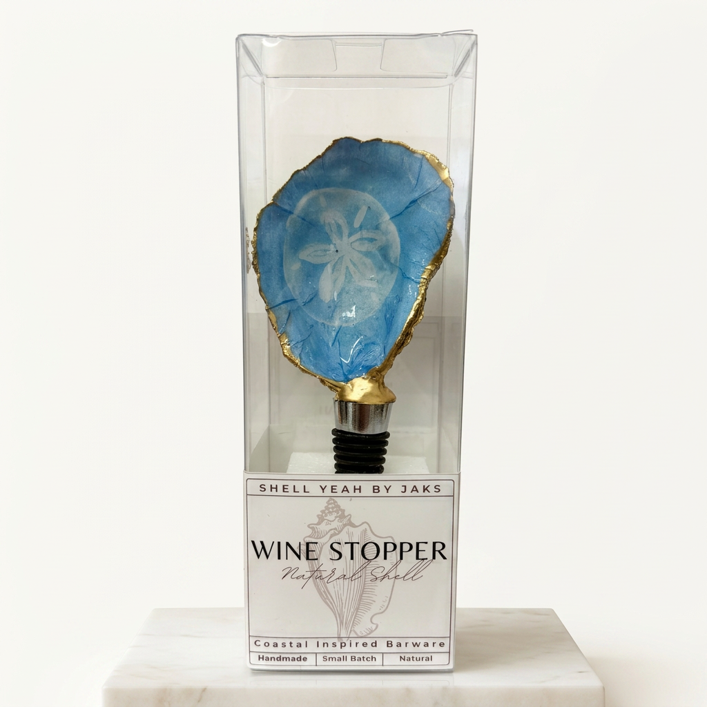 Blue sand dollar motif oyster shell wine stopper with gold rim finish