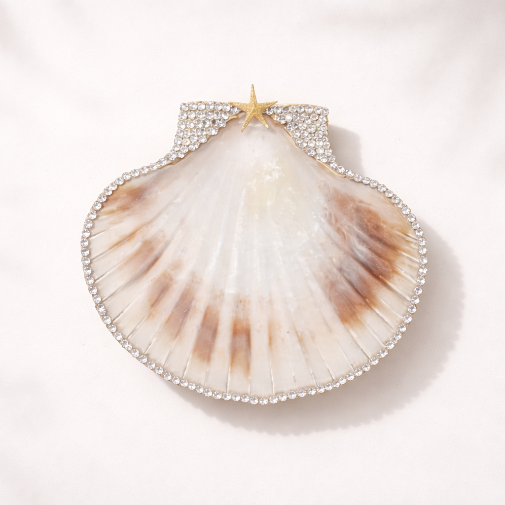 Rhinestone and starfish motif scallop shell trinket dish with gold finish