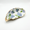 Blue hydrangea oyster shell jewelry dish with gold rim finish