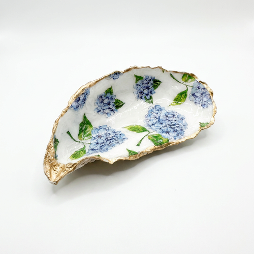Blue hydrangea oyster shell jewelry dish with gold rim finish