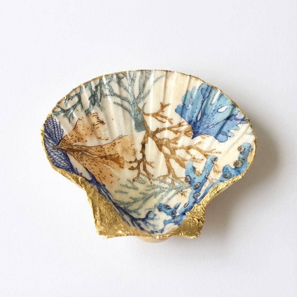 Scallop shell dish with botanical kelp-inspired design and gold finish