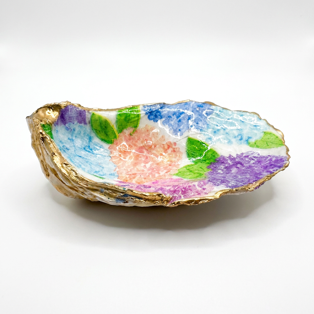 Pastel Hydrangea Oyster Shell Jewelry Dish