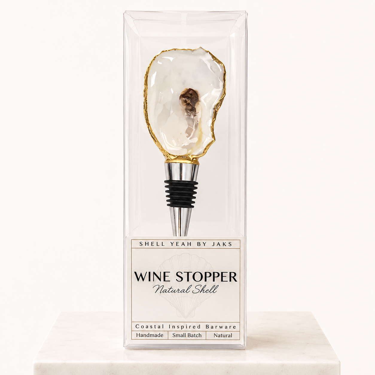 Natural oyster shell wine stopper with gold rim finish