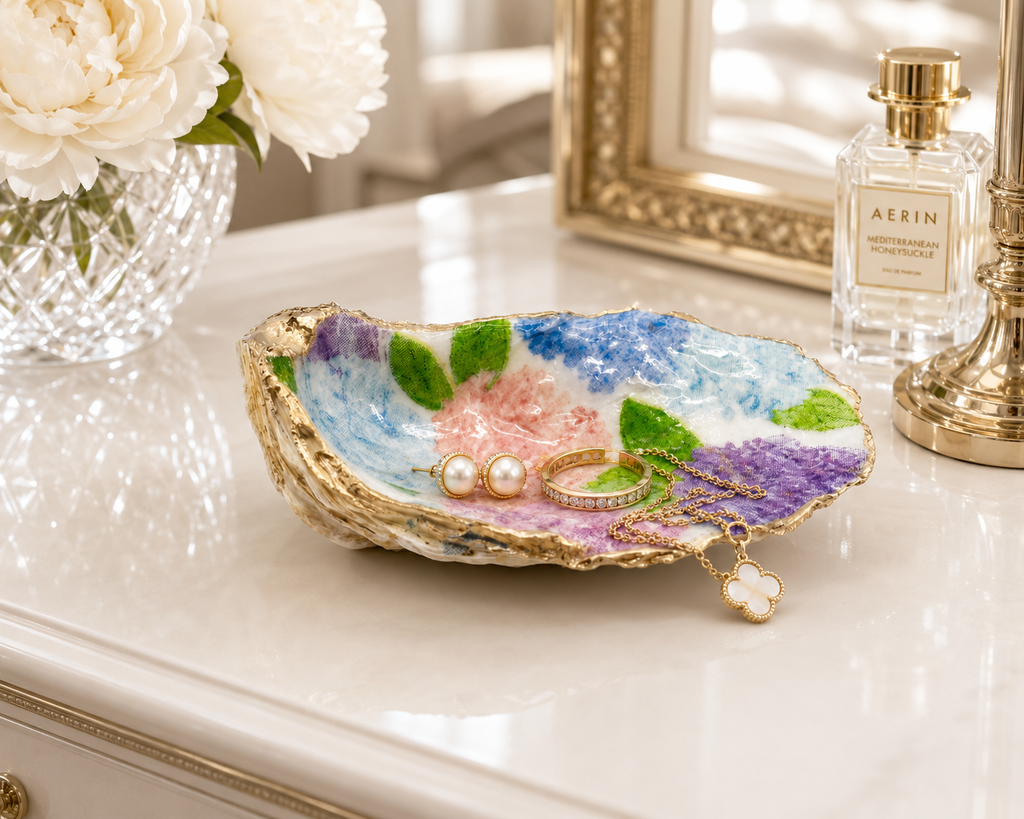 Pastel Hydrangea Oyster Shell Jewelry Dish