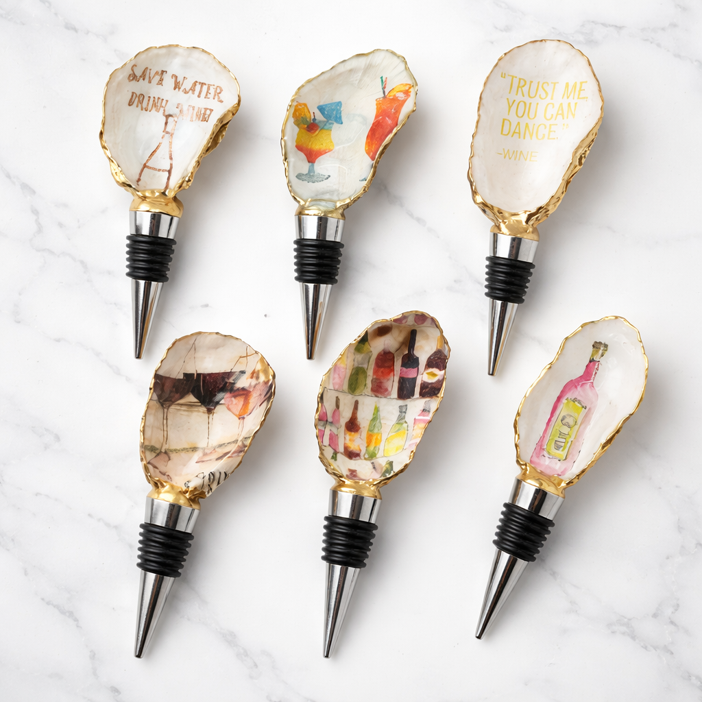 Case pack of 12 wine lover themed oyster shell wine stoppers for wholesale