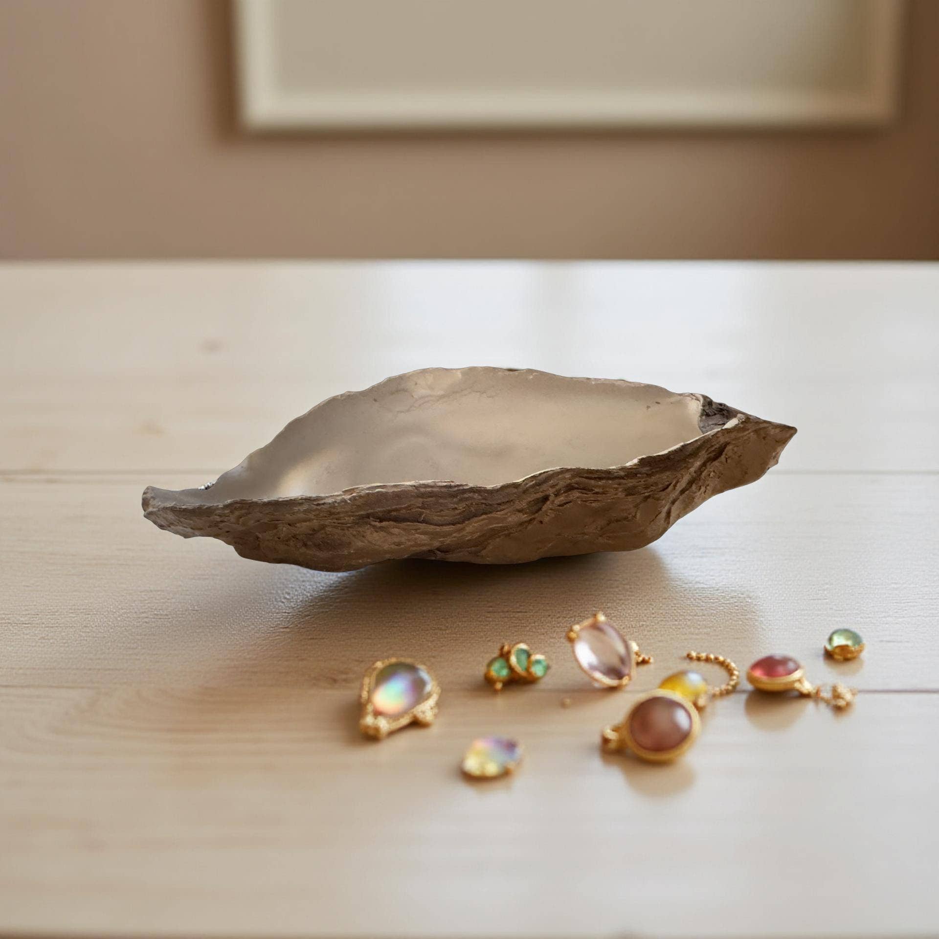 Natural Oyster Shell Trinket Dish Gold Rim Jewelry Catchall