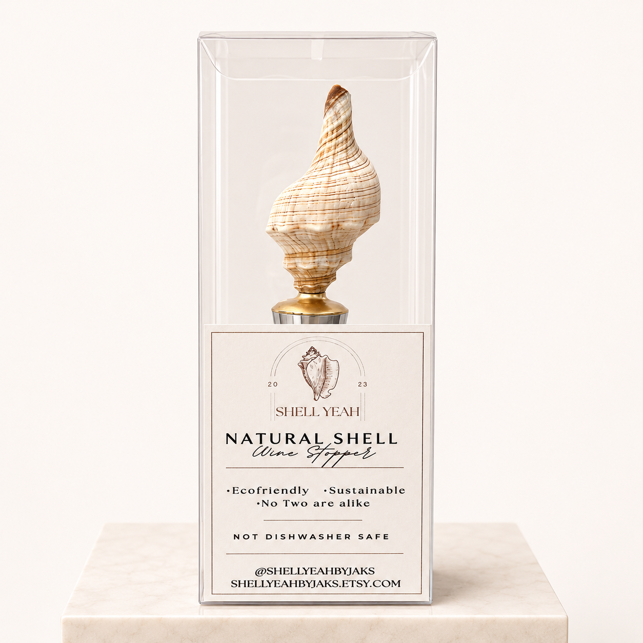 Striped Conch Shell Wine Stopper Gold Base