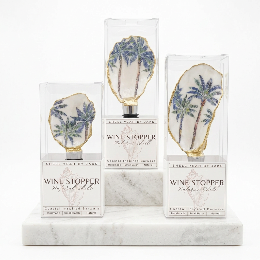 Palm tree motif oyster shell wine stopper with gold finish