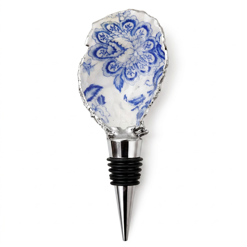 Blue Toile Oyster Shell Wine Stopper