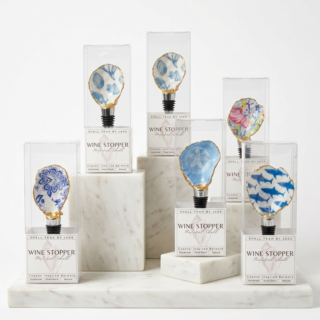 Case pack of 12 blue and white oyster shell wine stoppers for wholesale