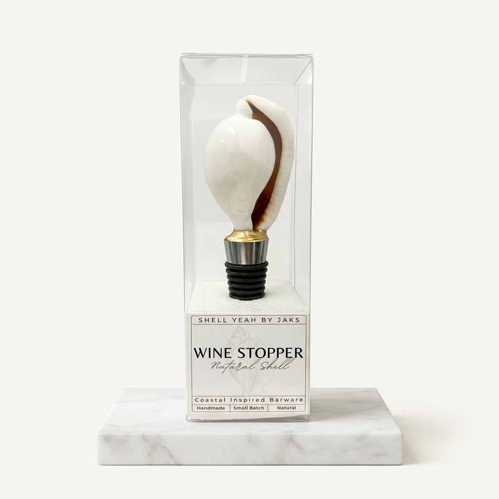 Cowrie shell wine stopper with gold finish on stainless steel base