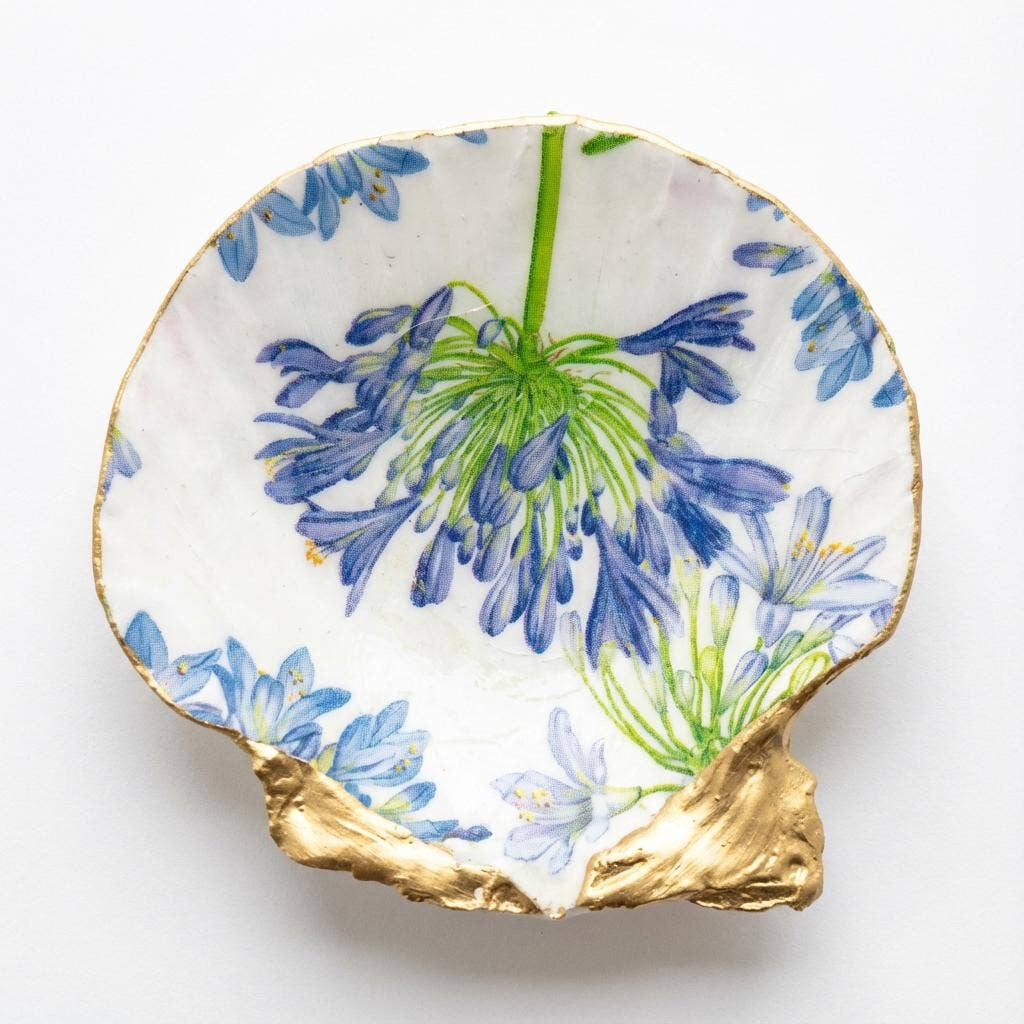 Blue agapanthus floral scallop shell soap dish with gold accents
