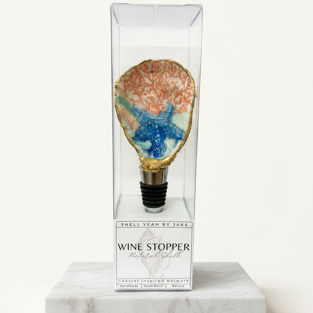 Coral reef motif oyster shell wine stopper with gold rim finish and gift packaging