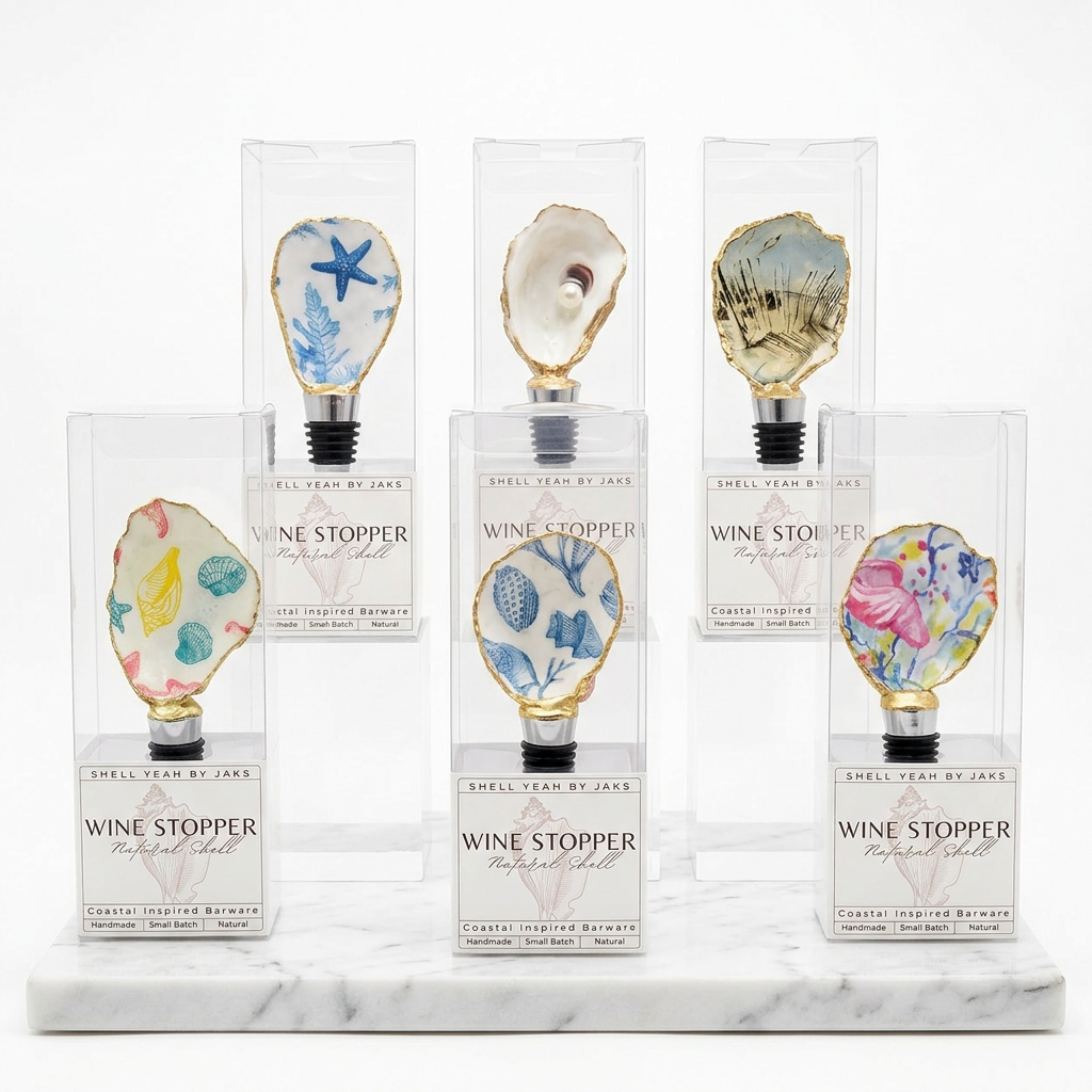 Case pack of 12 handmade oyster shell wine stoppers for wholesale